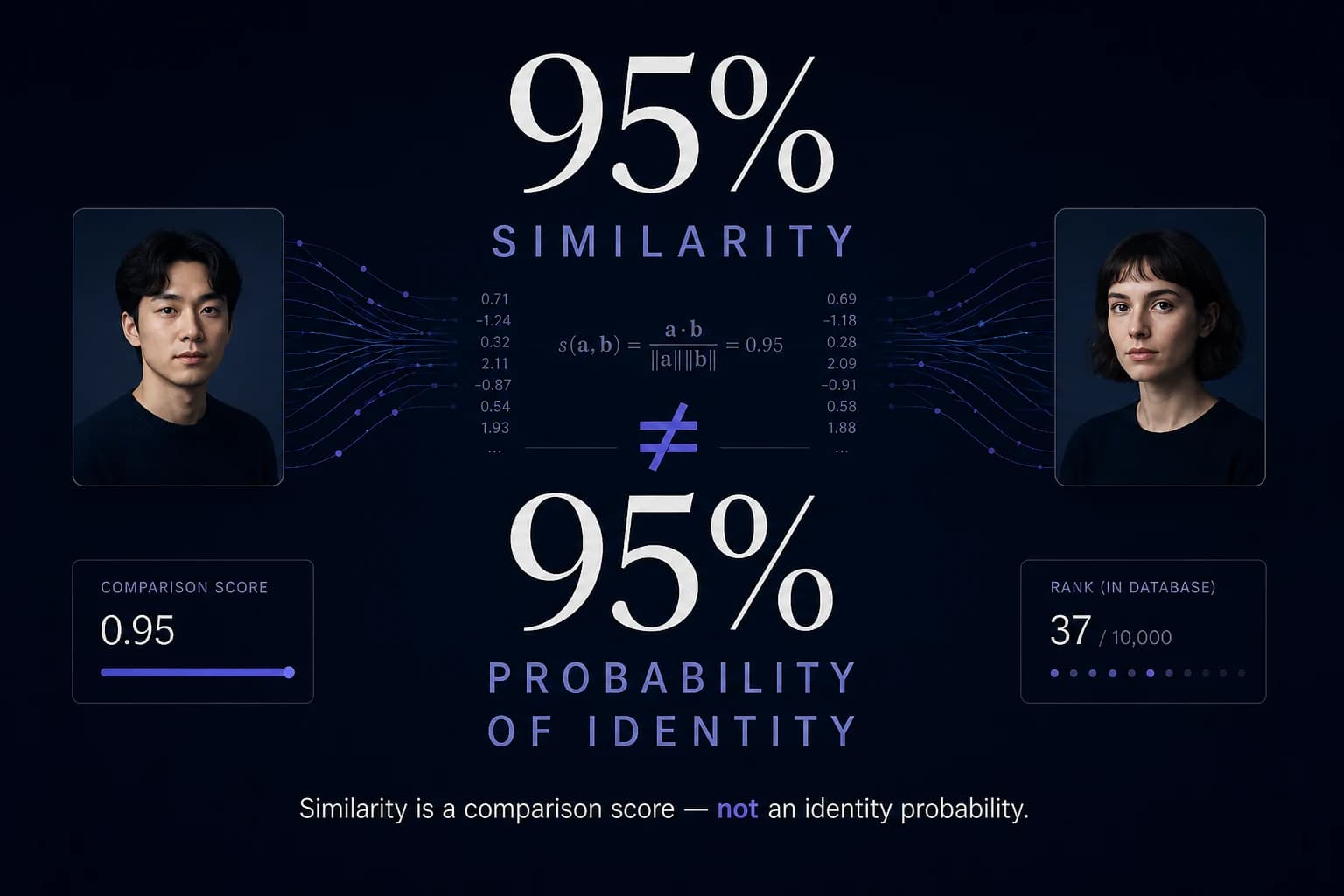 Editorial graphic stating 95% similarity is not equal to 95% probability of identity