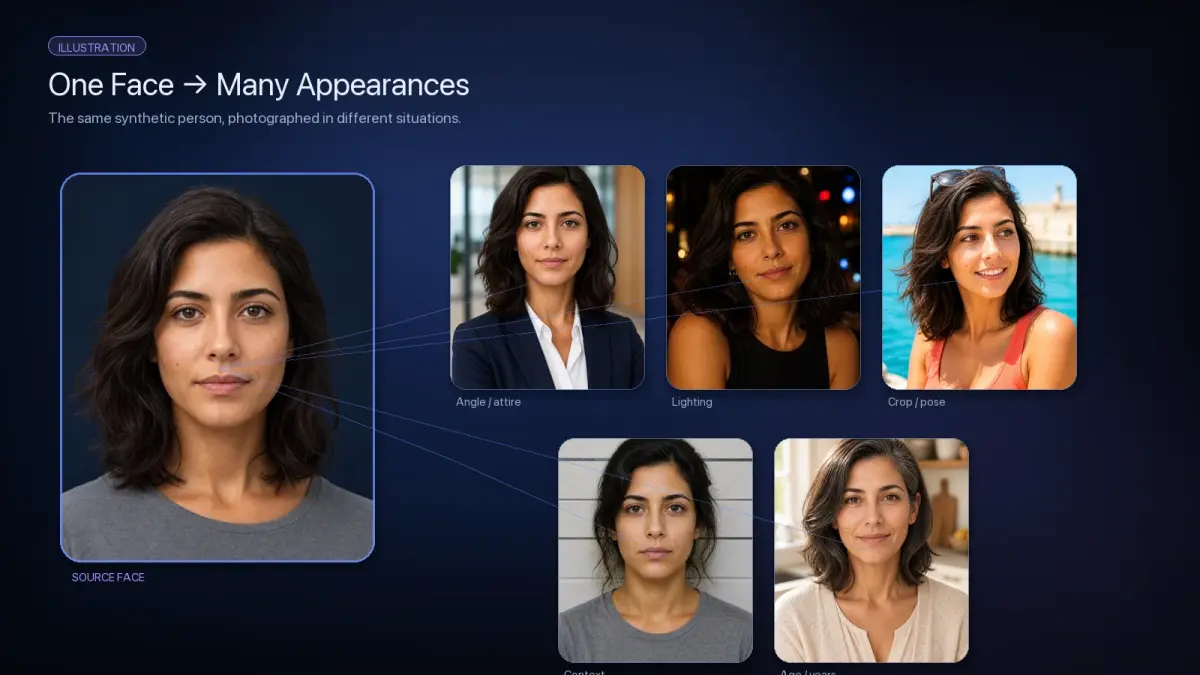 Illustration of one synthetic face matched to many different appearances of the same person across lighting, angle, crop, and age