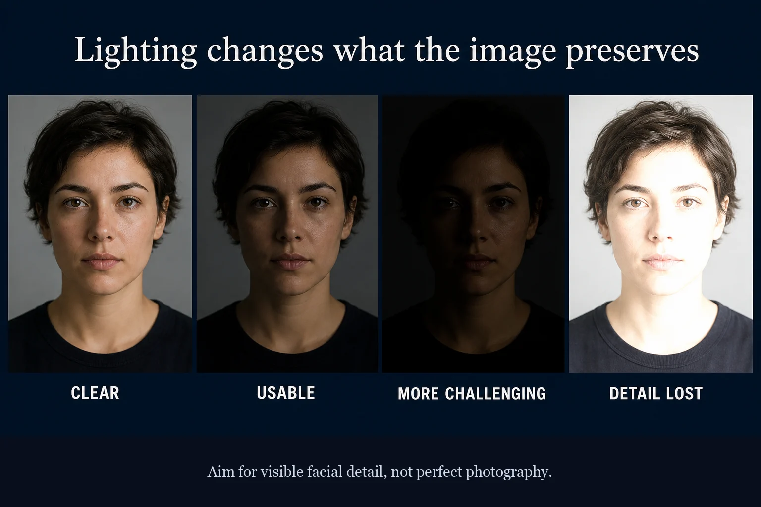 Same person photographed in balanced light, dim light, very dark conditions, and overexposure