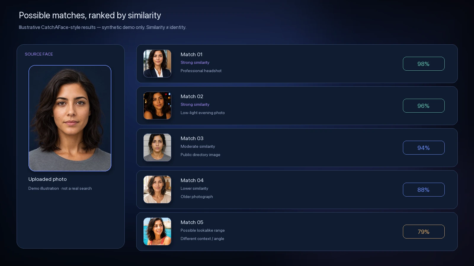 Mock CatchAFace results list ranking visually similar photographs of the same synthetic person from strongest to weaker similarity