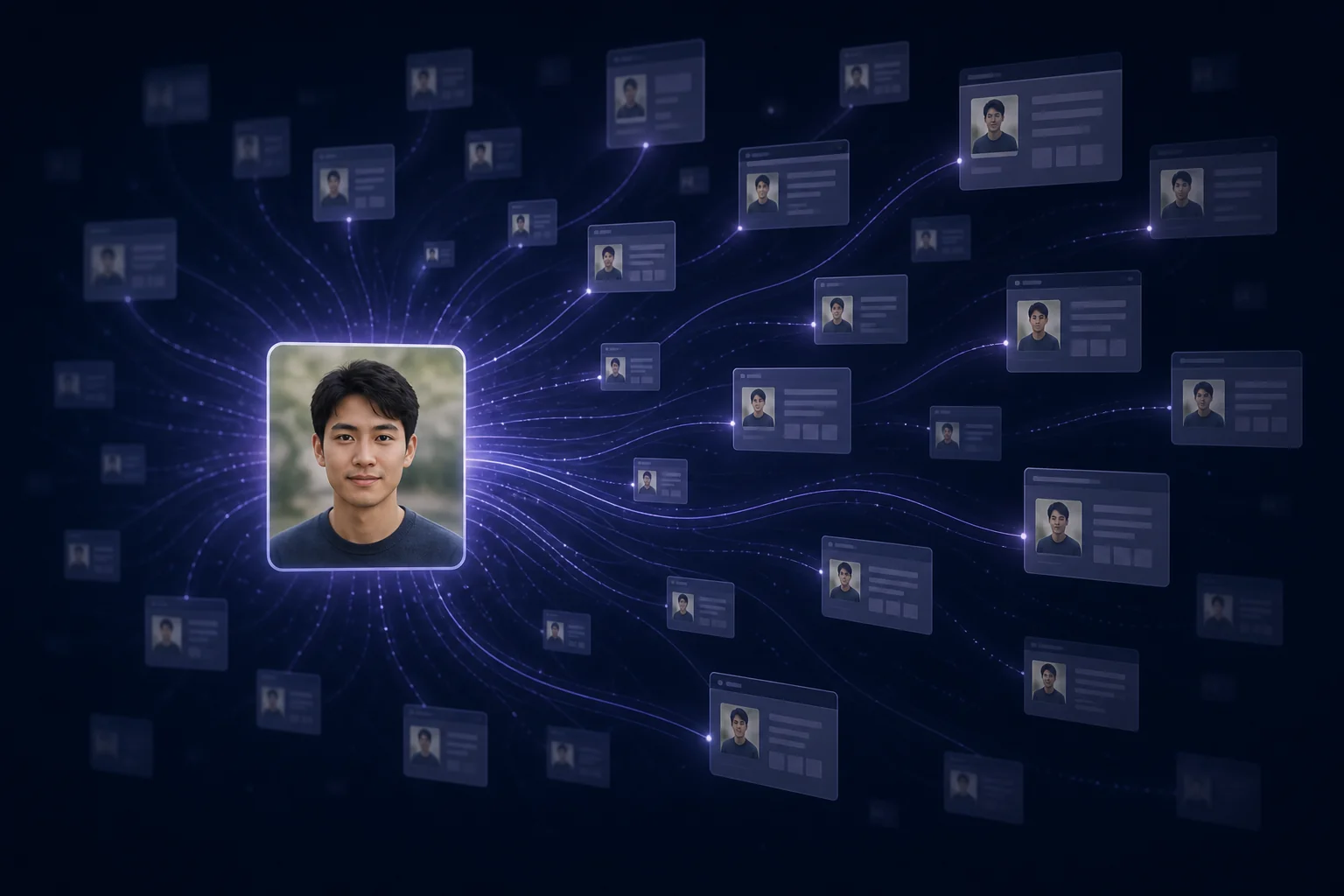 A personal portrait connected by glowing paths to many anonymous public web image cards, illustrating how photos travel online