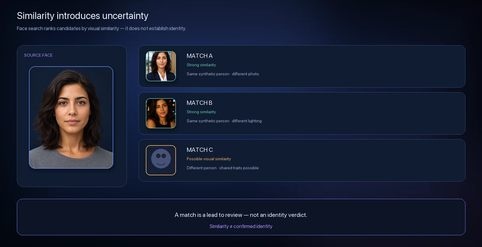 Source face with three candidate matches including a lookalike range, emphasizing that similarity is not an identity verdict