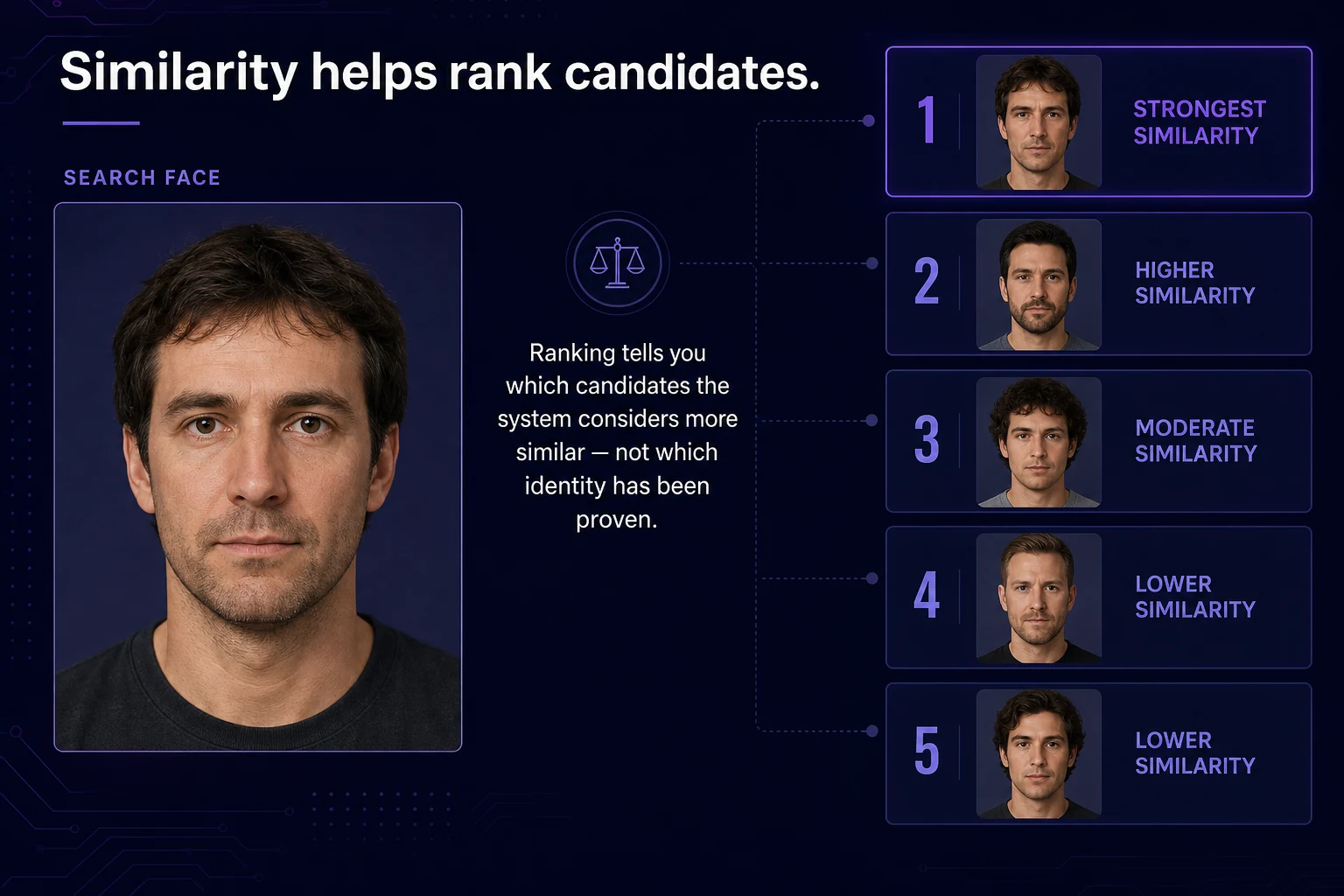 Search face beside five ranked candidate cards from strongest to lower similarity without identity labels