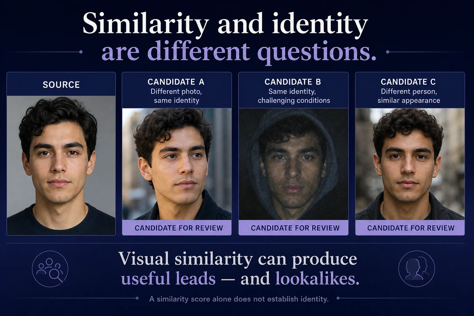 Source portrait with three unlabeled candidates for review including same-person and lookalike possibilities