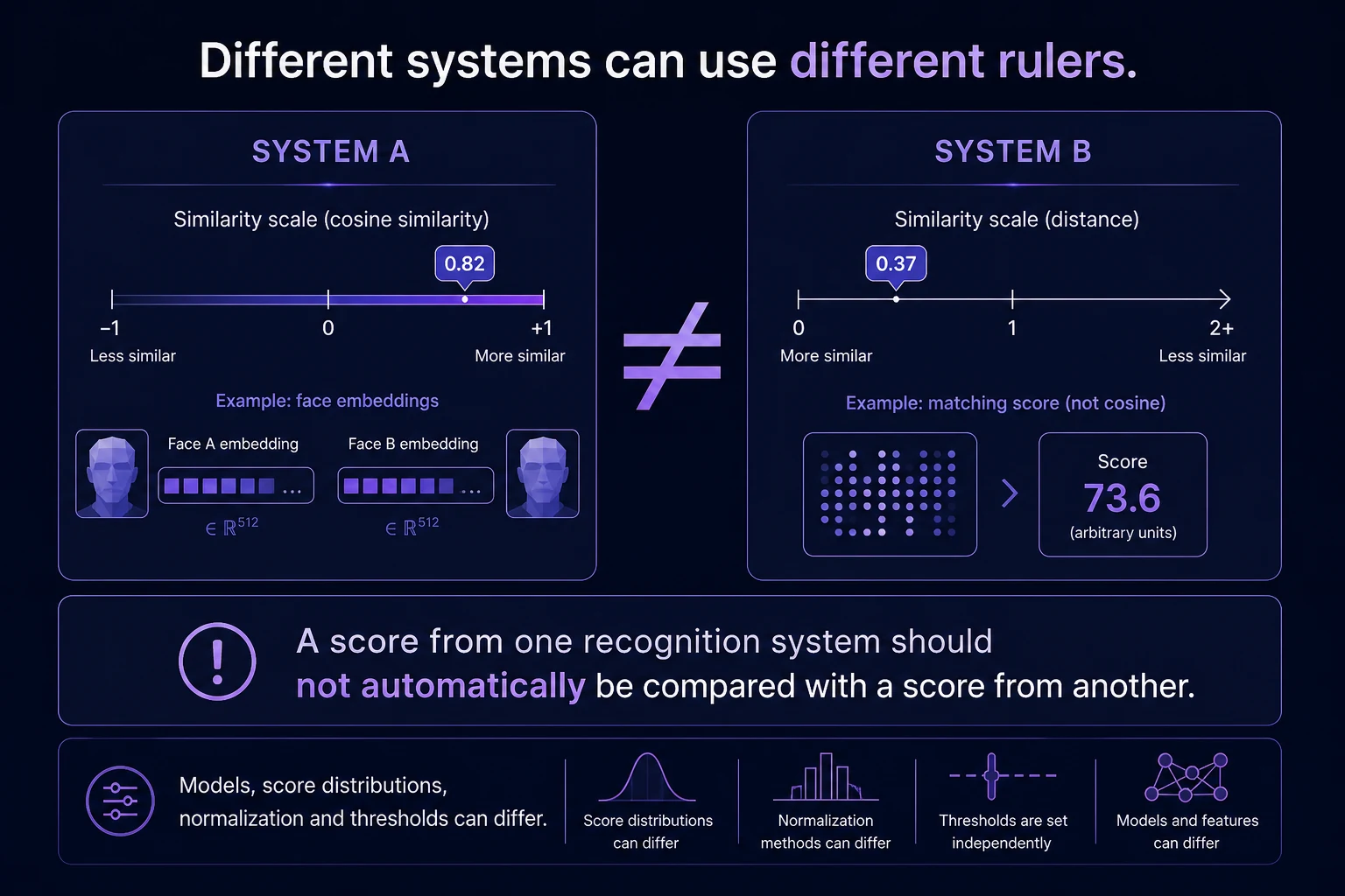Two abstract recognition systems with different similarity scales separated by a not-equals sign