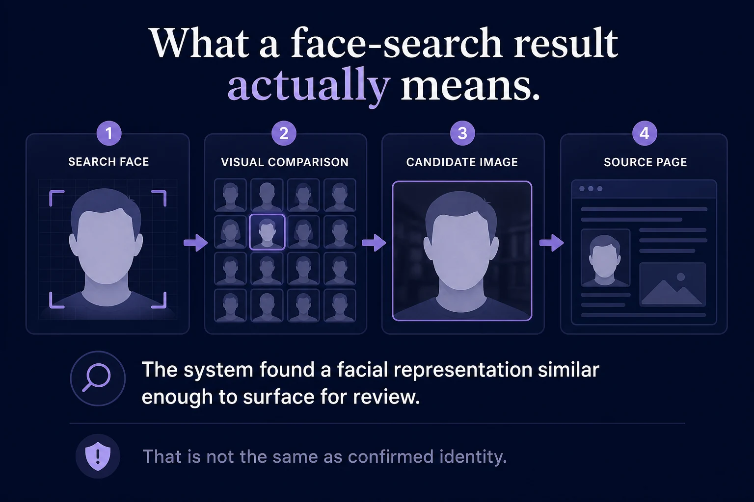 Flow from search face through visual comparison to candidate image and source page